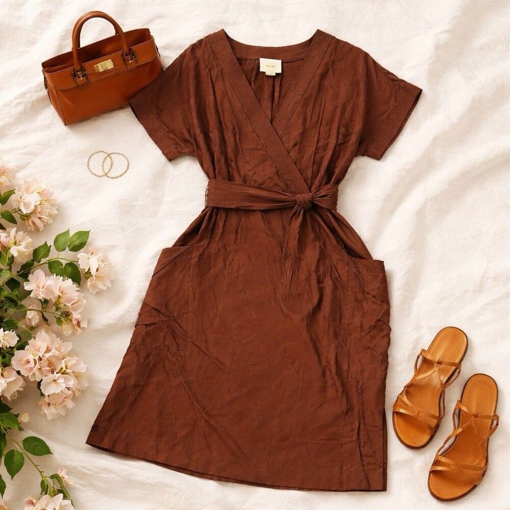 Maeve Silk Brown Midi Dress Lagenlook Pockets Belted Boho Minimalist Size 12